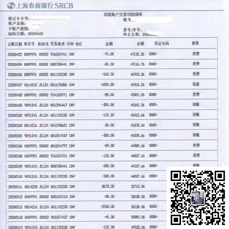 上海农商银行存款账户明细清单